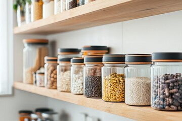 Modern kitchen shelf arrangement with supplementary storage solutions bright environment standard glass jars displayed inviting design