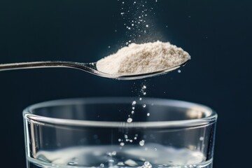 Mixing nutritional supplements a spoonful of powdered goodness in glass water kitchen environment close-up viewpoint for health and wellness enthusiasts