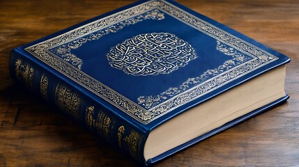 Fototapeta premium A Blue Quran With Gold Arabic Calligraphy Rests On Wood