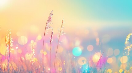 Pastel sunset illuminating tall grass with bokeh background.