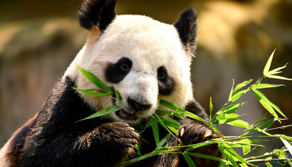 Fototapeta premium A giant panda eating bamboo leaves. The panda looks peaceful