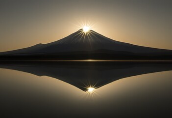 Mount Fuji Sunrise Majestic Peak, Starburst, Lake Reflection