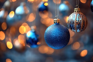 Sparkling Blue and Gold Christmas Ornaments with Festive Background