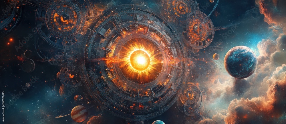 Aufkleber celestial clockwork a sun-like core within a complex, metallic structure floats amidst swirling nebu