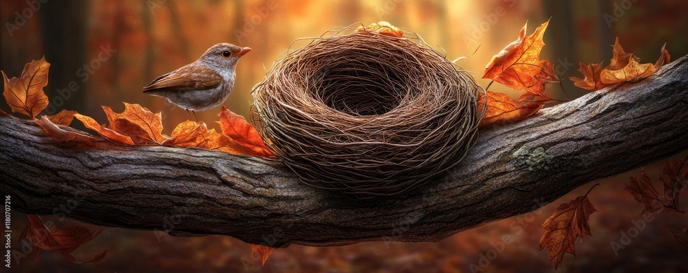 Poster a serene scene of a bird beside a nest on a branch with autumn leaves.