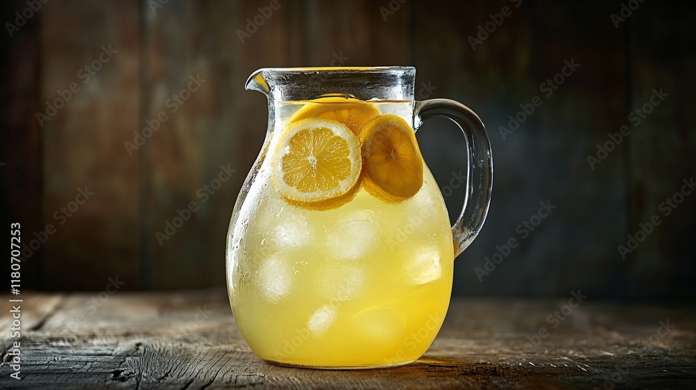 Poster Refreshing lemonade pitcher with ice and lemon slices on rustic wooden table.