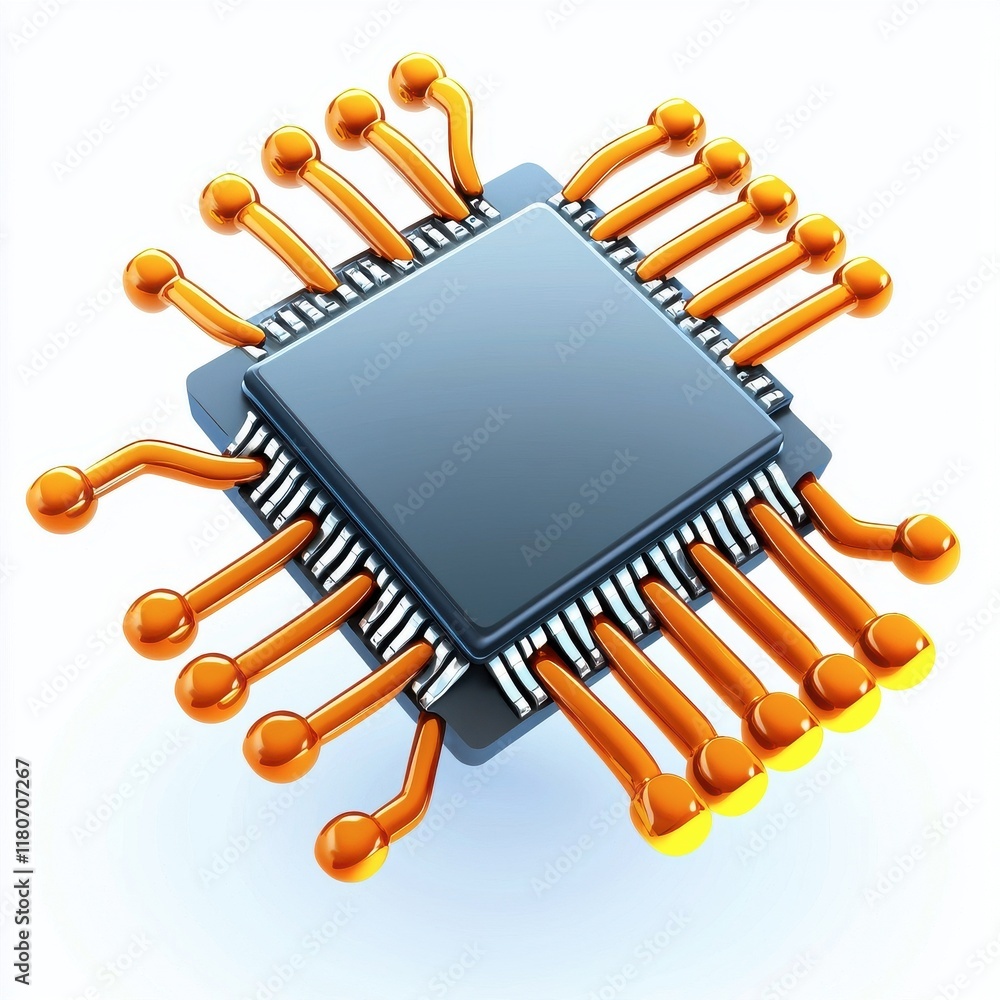 Poster microchip with orange pins and circuit board design in digital style