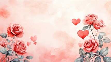 Hand-Painted Watercolor Hearts and Roses in Soft Pink Background