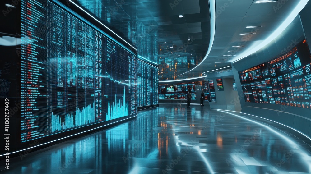 Poster futuristic data center control room with large digital screens displaying information.