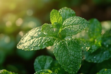 Fresh Mint Leaves with Dew Droplets in Natural Light