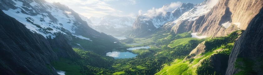 Obraz premium A breathtaking mountainous landscape with lakes, greenery, and snow-capped peaks.