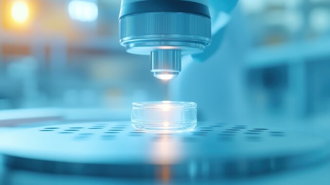 A microscope is focused on a small object, possibly a cell
