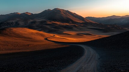 Fototapeta premium Desert Sunset Winding Road Through Volcanic Landscape
