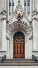 Obraz premium A grand entrance featuring ornate architecture and a lion sculpture above the door.
