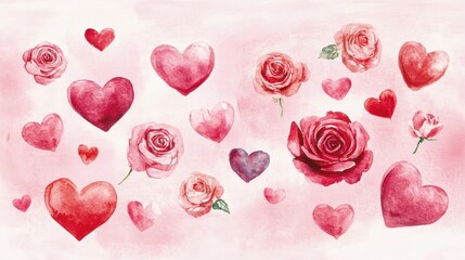 Obraz premium Hand-Painted Watercolor Hearts and Roses on Soft Pink Background