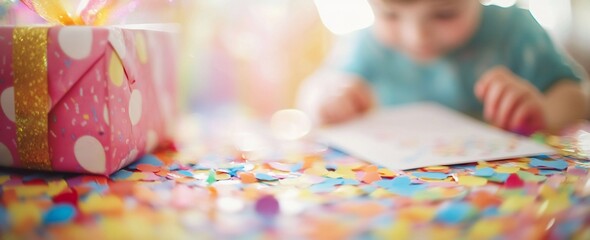 Toddler playing with confetti and a gift.