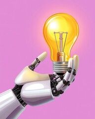 Robot Hand Holding Glowing Light Bulb on Pink Background for Innovation