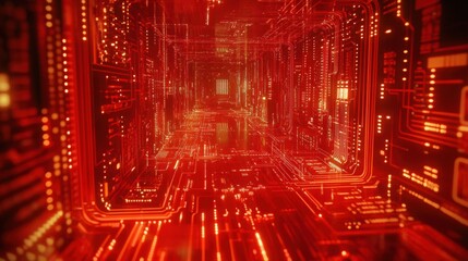 Futuristic Red Circuit Pathway with Abstract Technology Design