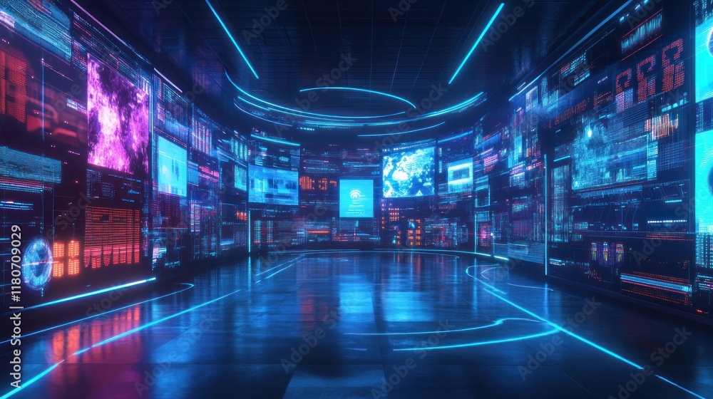 Poster futuristic digital data center with glowing screens displaying information.