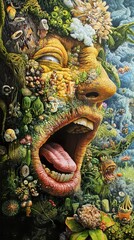 Obraz premium Surreal Nature Painting: A Vibrant Ecosystem in a Mystical Face