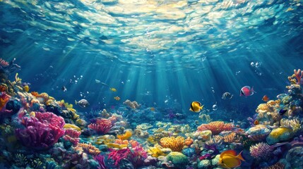 Fototapeta premium Vibrant coral reef teeming with colorful fish and sunlight. (1)