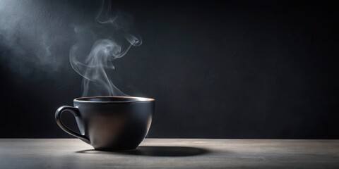 Fototapeta premium A steaming dark mug of hot beverage on a table against a moody backdrop