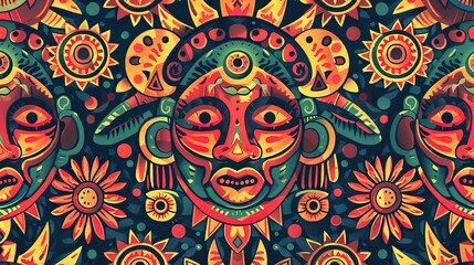 Naklejka premium inca sun god seamless pattern wallpaper
