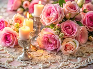 Elegant pink roses and lace create a romantic candlelit still life.