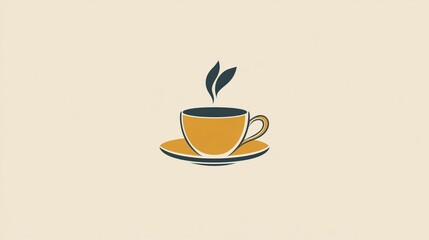 Obraz premium Minimalist Tea Cup Icon with Leaves on Beige Background