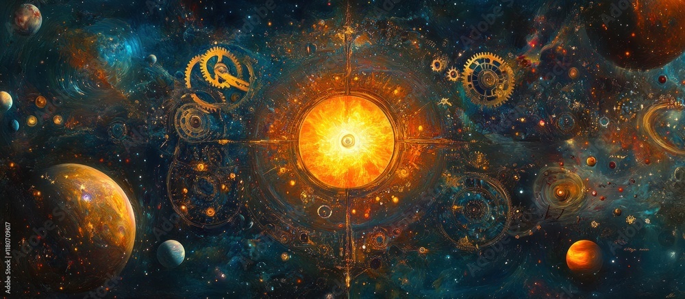 Poster cosmic clockwork mechanism with planets and nebulae.