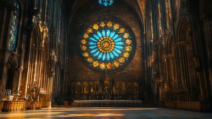 Obraz premium Stained Glass Rose Window in Gothic Cathedral Interior Illumination