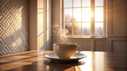 Warm morning beverage on a wooden table near a sunlit window with textured wall