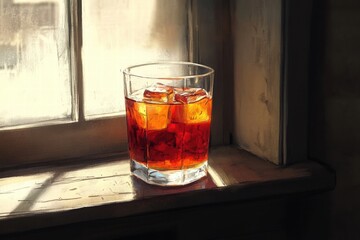 Refreshing Glass of Ice-Cooled Beverage on a Sunlit Windowsill