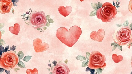 Hand Painted Watercolor Hearts and Roses on Soft Pink Background