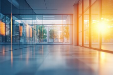 Fototapeta premium Modern glass office interior with sunlight. Ideal for corporate, business, and real estate projects showcasing spaciousness and light.