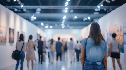 Blurred view of people in art gallery, viewing paintings and exhibits. Illustrates cultural events, art appreciation, and gallery atmosphere.