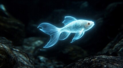Naklejka premium Glowing translucent fish swimming in dark water.