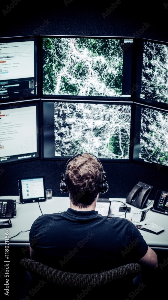 Poster man monitoring multiple screens data analysis surveillance control room technology