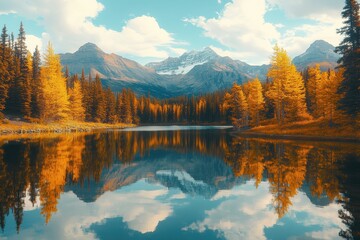 Fototapeta premium Golden larches reflect in a calm lake, majestic mountains form a stunning backdrop. Perfect for travel, nature, or autumn-themed projects, evoking serenity and beauty.