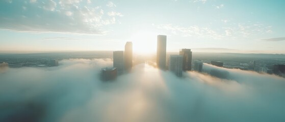 Fototapeta premium A city skyline is visible through a thick fog