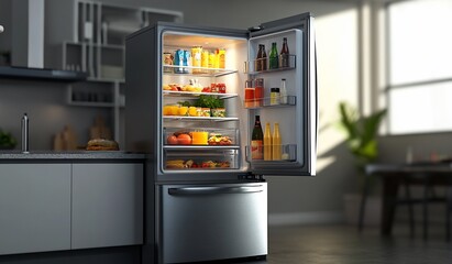 Open refrigerator in modern kitchen, showcasing various food and drinks.