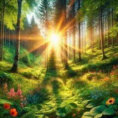 Panoramic View of a Forest with Sunbeams. Generative AI