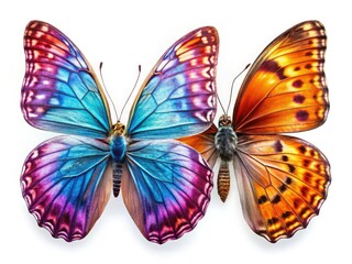 High-resolution macro drone shot: two isolated butterflies, pristine white background, showcasing exquisite insect detail.