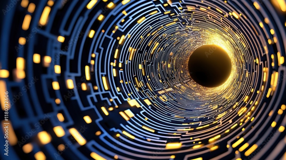 Poster abstract digital tunnel with glowing lights and circuit patterns