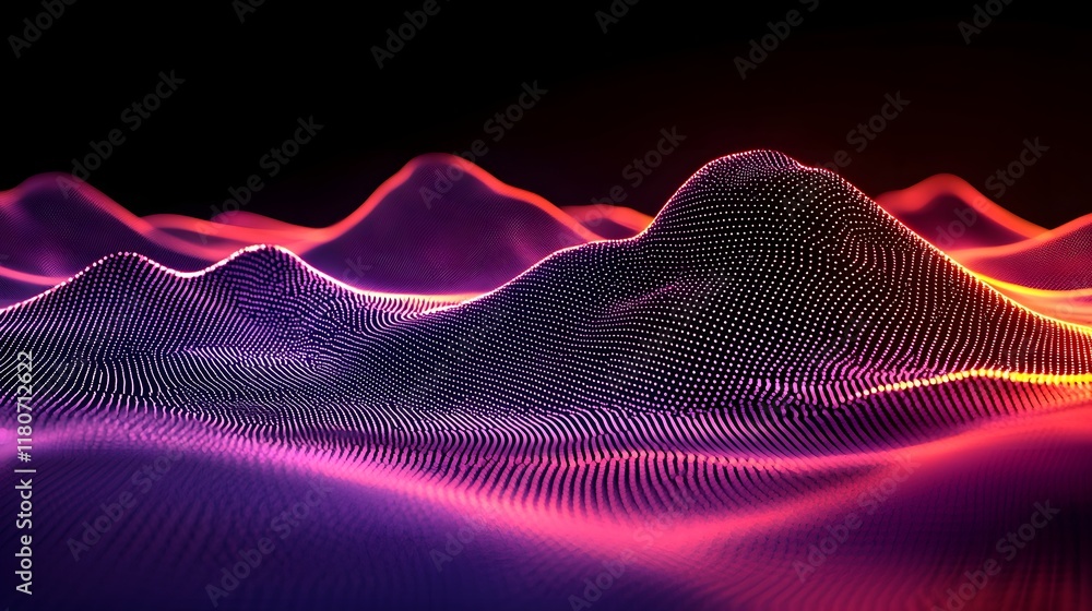 Poster mesmerizing abstract background featuring a glowing digital landscape composed of flowing neon parti