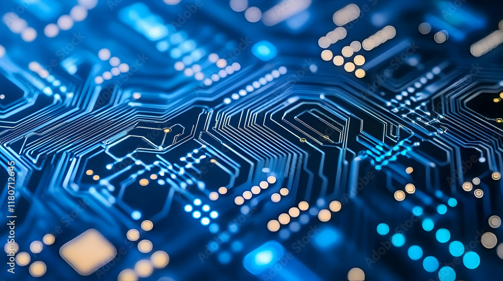 Poster close-up view of a circuit board's intricate network of pathways and connections, showcasing technol