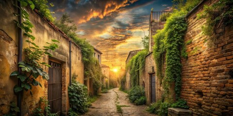 Fototapeta premium Serene Sunset Illuminates an Ancient Cobblestone Lane, Overgrown with Lush Vegetation and Aged Brick Buildings