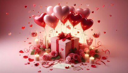 Valentine's Day Gift and Decor on a pink background.Romantic Valentine's Day Setup.Gift Box, Candles, and Roses.