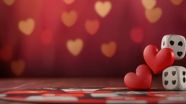 A romantic scene featuring red hearts, dice, and a soft bokeh background, perfect for games or Valentine's Day themes.