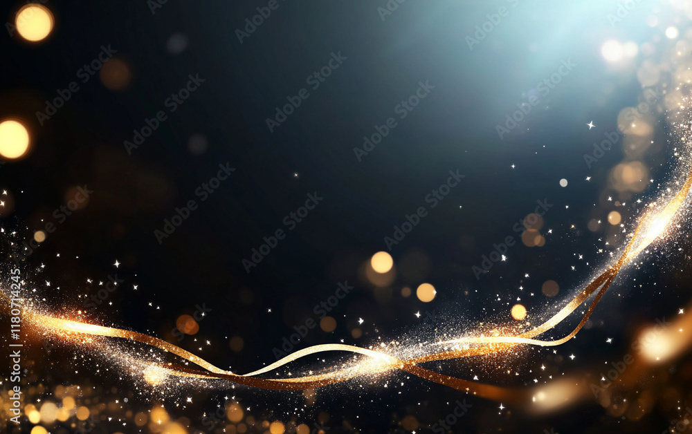 Wall mural abstract golden light waves with glowing particles and luminous streaks on dark background creating 